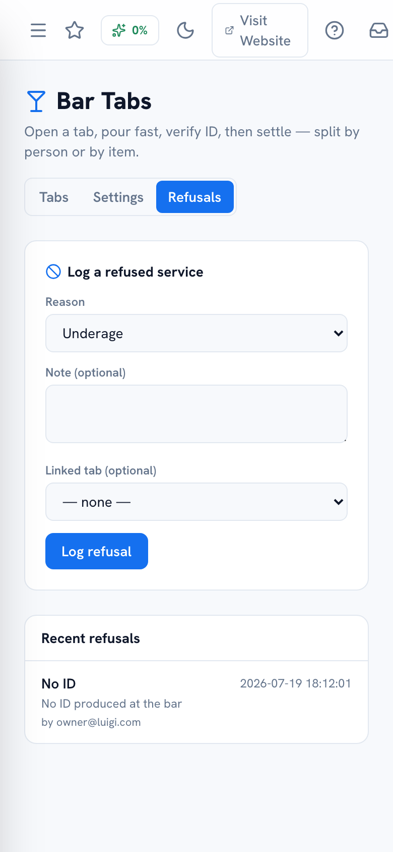 Bar Refusals log listing declined service entries with reasons — mobile view