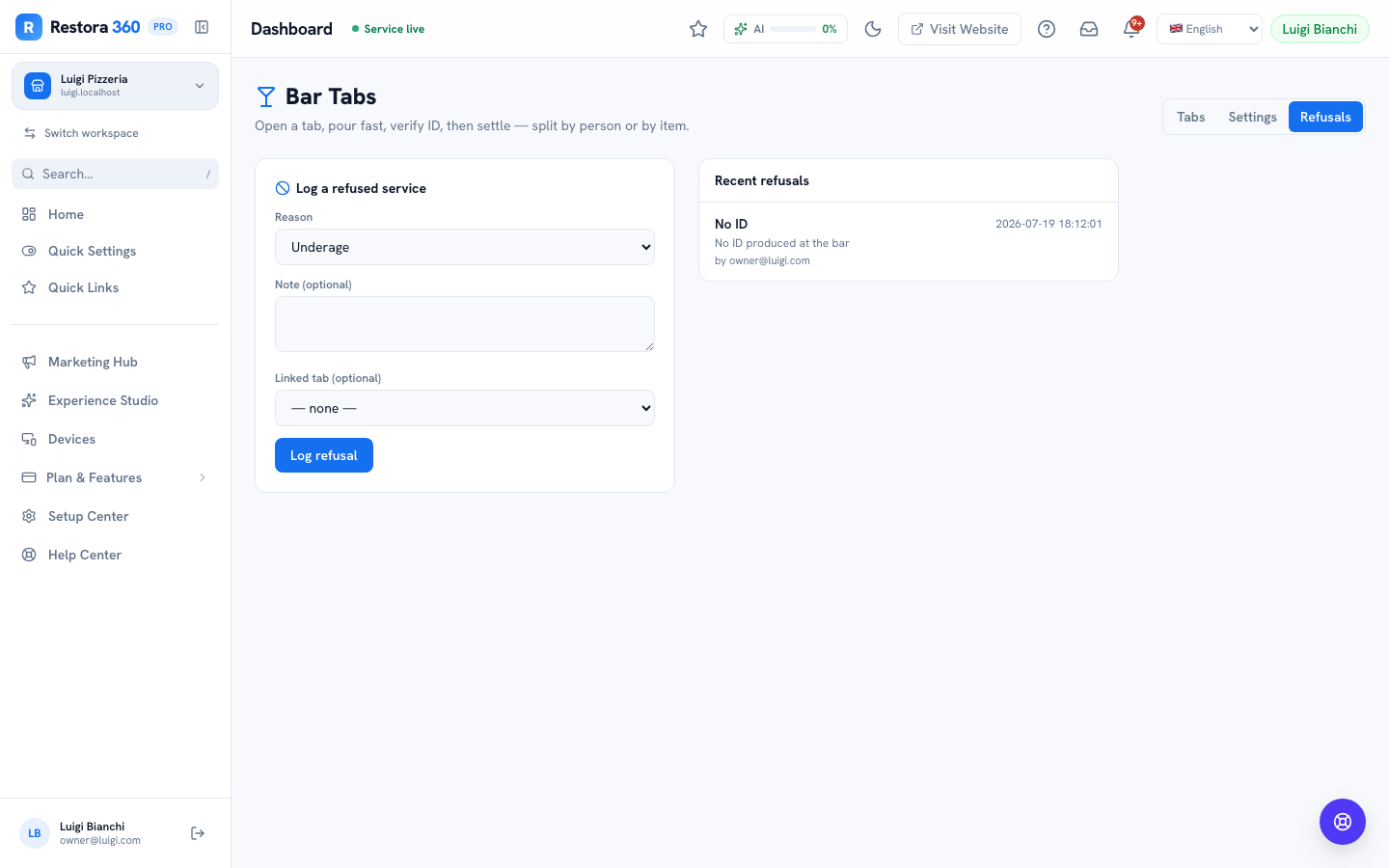 Bar Refusals log listing declined service entries with reasons — web view