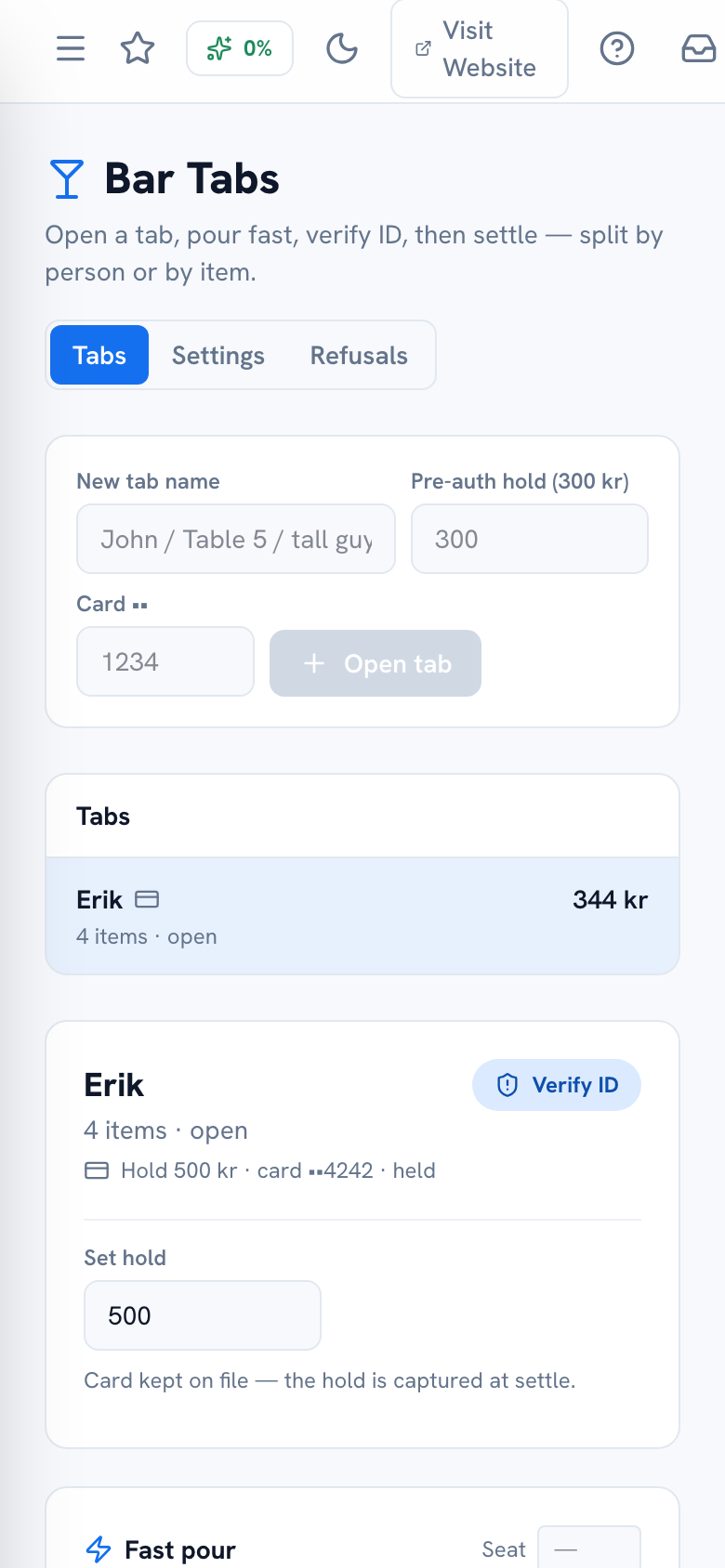 Bar tab showing the fast-pour button grid and drinks grouped into rounds — mobile view