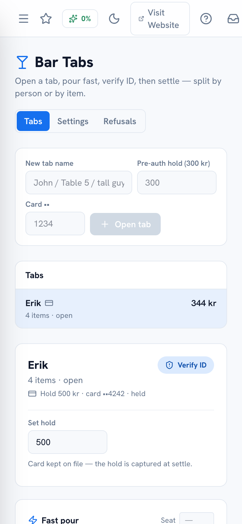 Bar Tabs page with a new tab open, showing a pre-auth hold status — mobile view