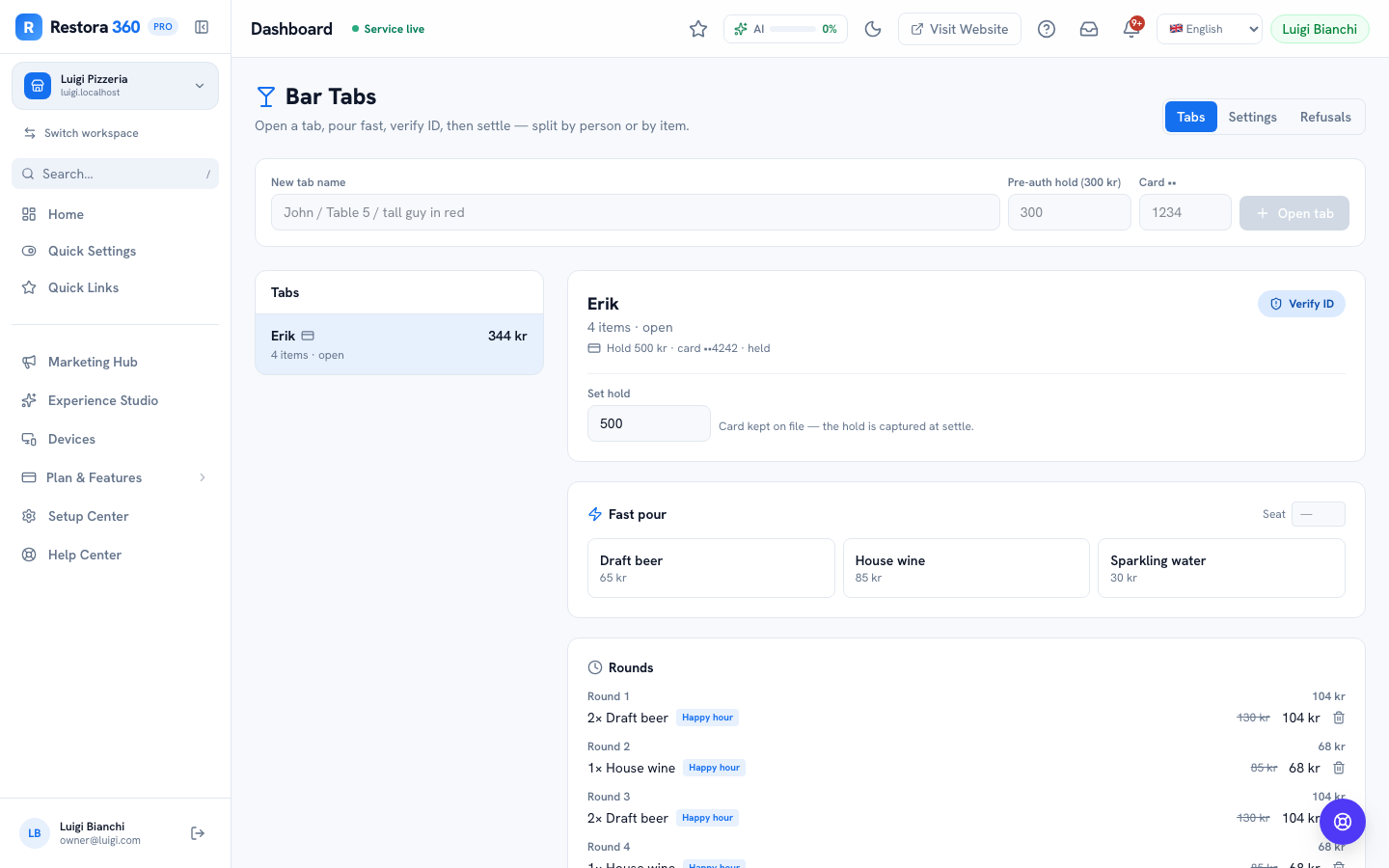 Bar Tabs page with a new tab open, showing a pre-auth hold status — web view