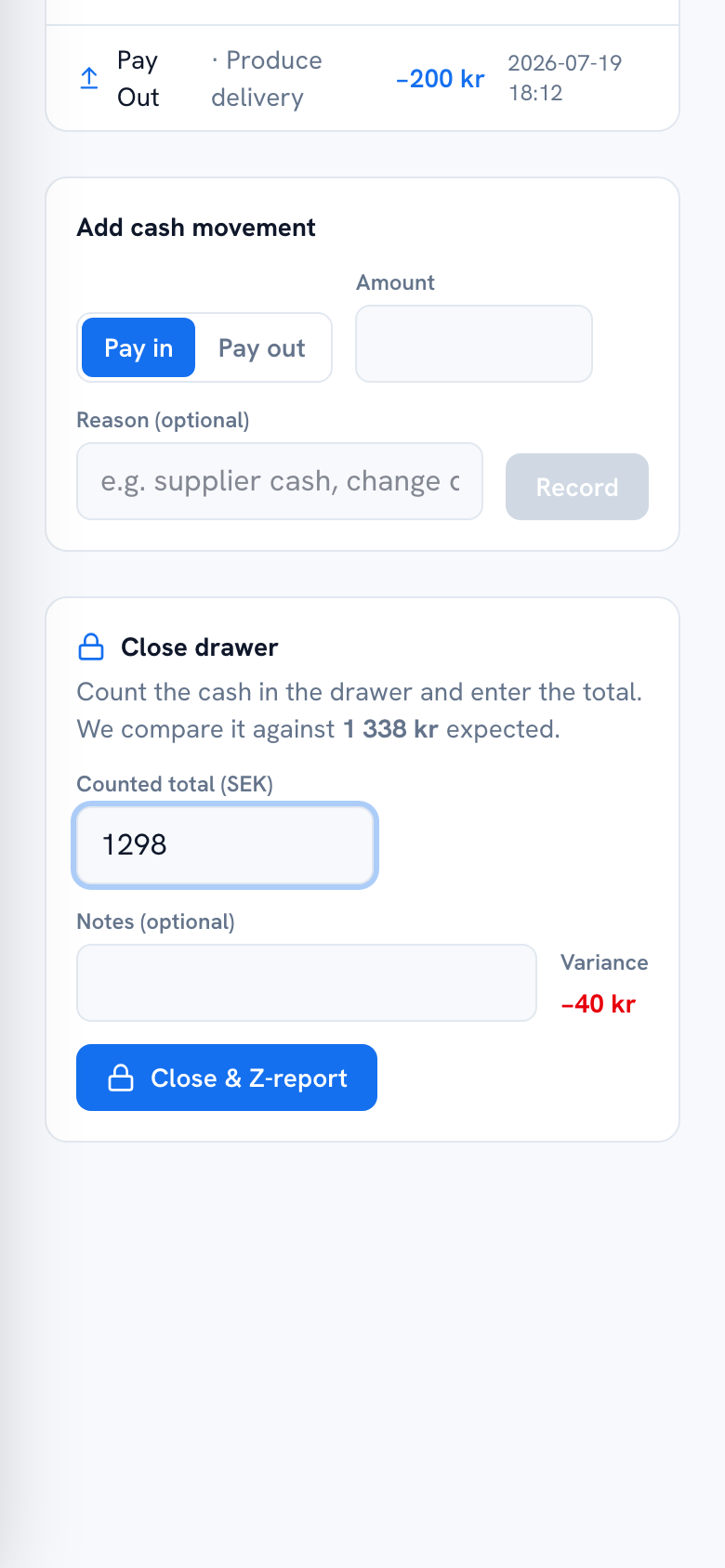 Cash Drawer close dialog showing counted total and variance — mobile view