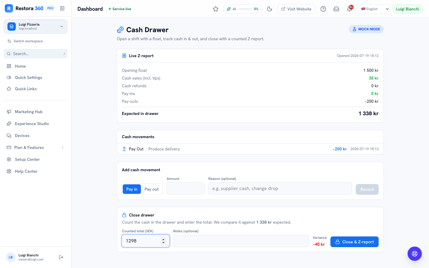 Cash Drawer close dialog showing counted total and variance — web view