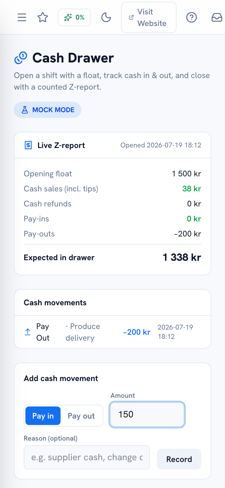 Cash Drawer showing a pay-out being logged with a reason — mobile view
