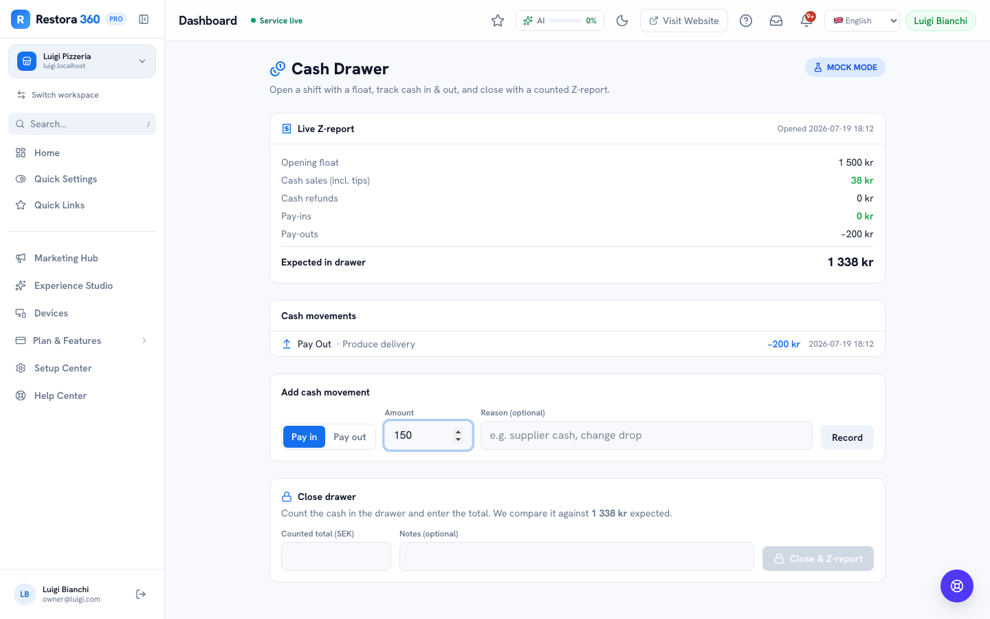Cash Drawer showing a pay-out being logged with a reason — web view
