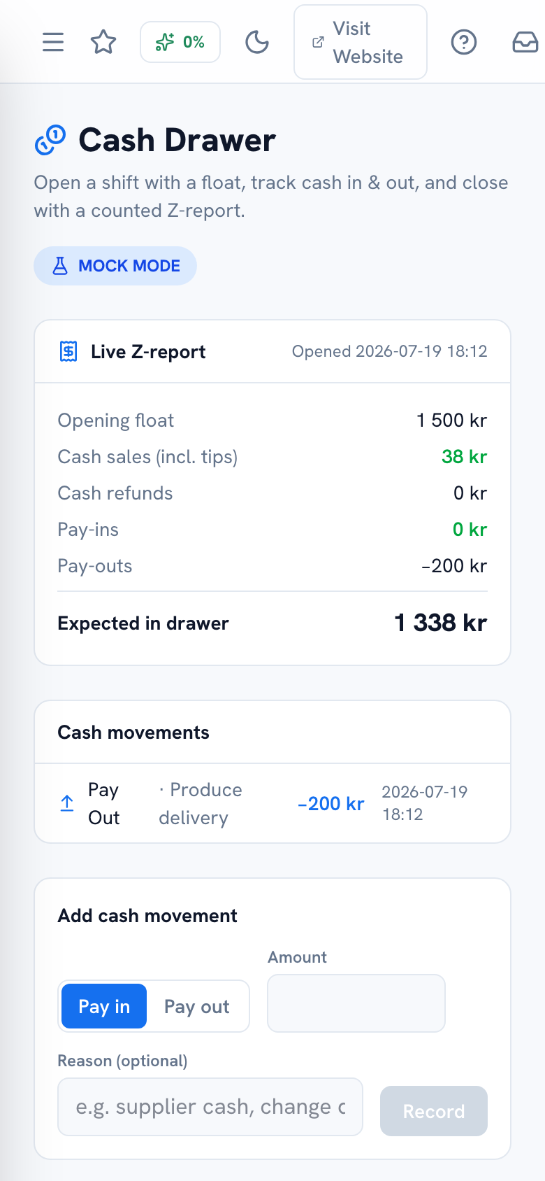 Cash Drawer page with an opening float being entered — mobile view