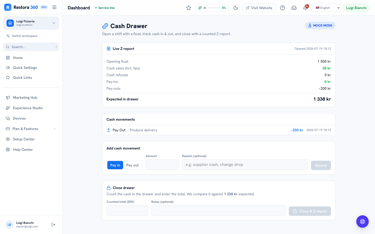 Cash Drawer page with an opening float being entered — web view
