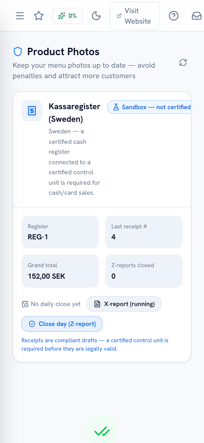Kassaregister compliance panel showing sandbox status, last receipt number and Z-sequence — mobile view