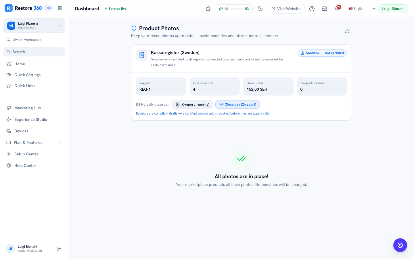Kassaregister compliance panel showing sandbox status, last receipt number and Z-sequence — web view