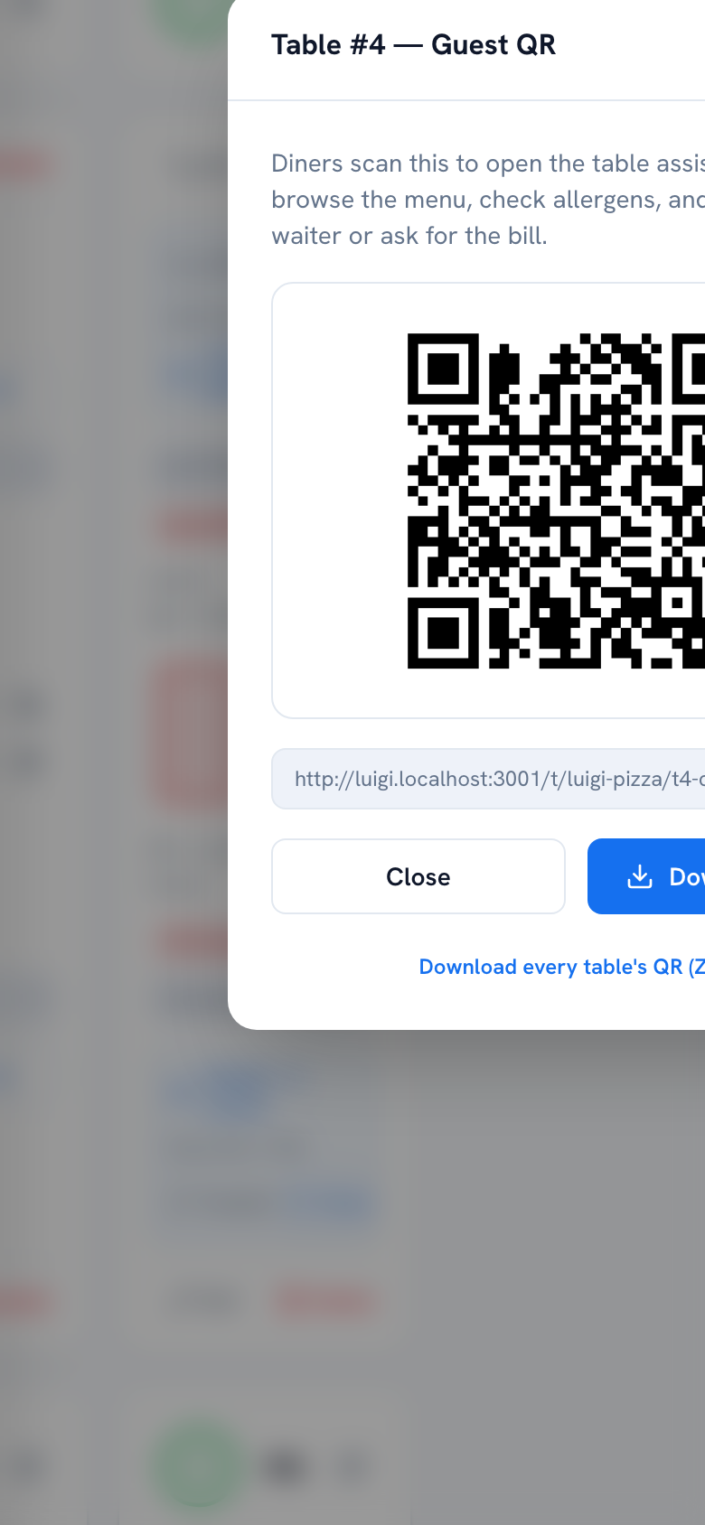 Guest QR modal for a table, with a bulk download option — mobile view