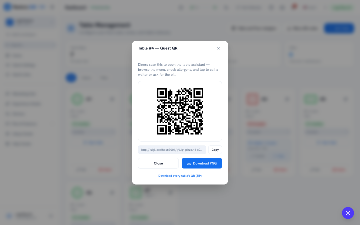 Guest QR modal for a table, with a bulk download option — web view