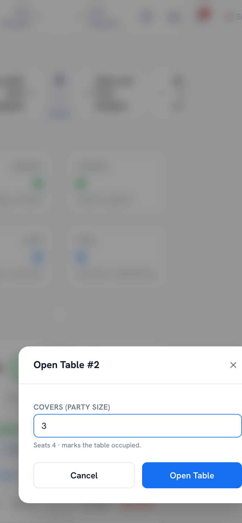 Open Table dialog with a covers (party size) field — mobile view