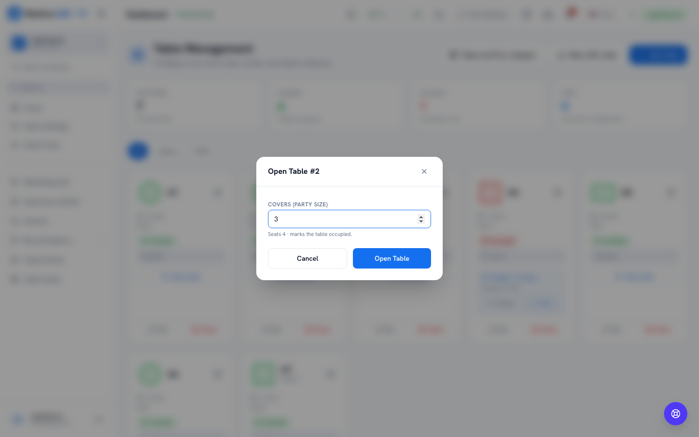 Open Table dialog with a covers (party size) field — web view