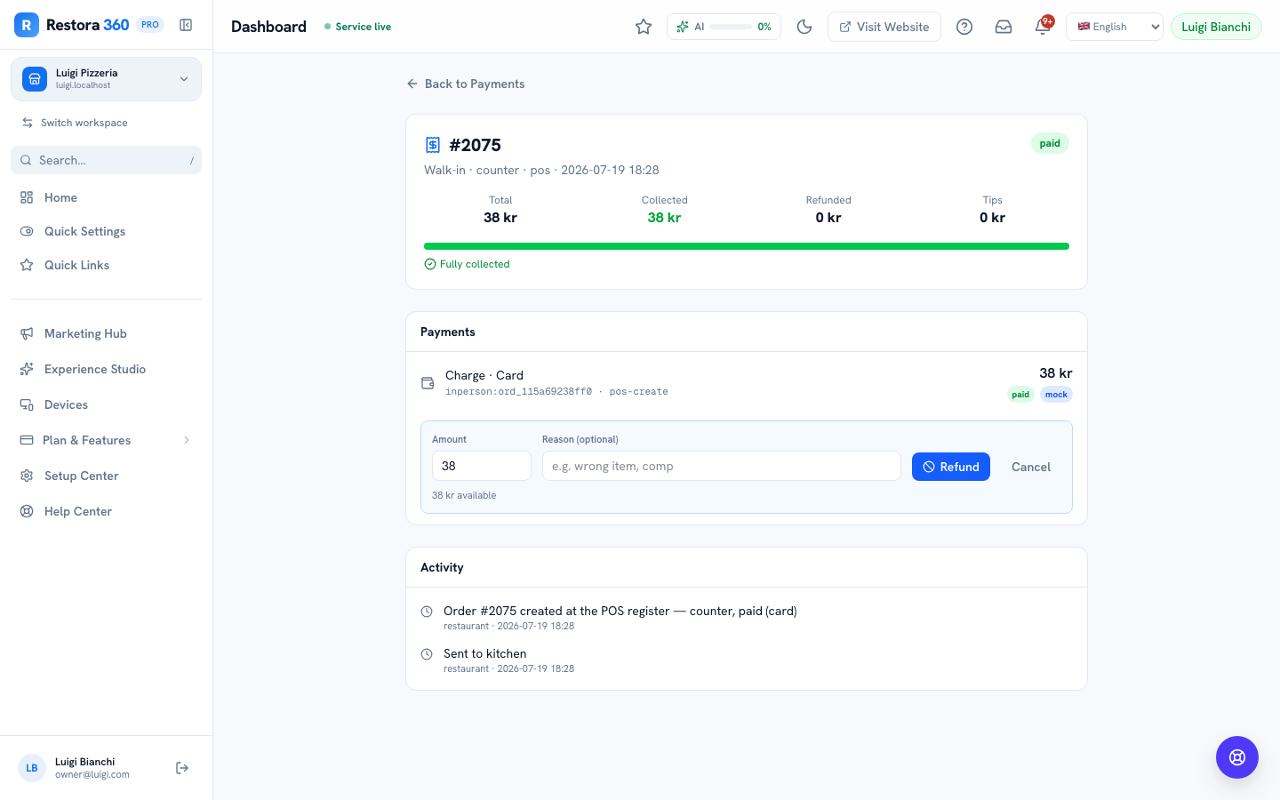 Order payment detail page with a refund control and an optional reason field — web view