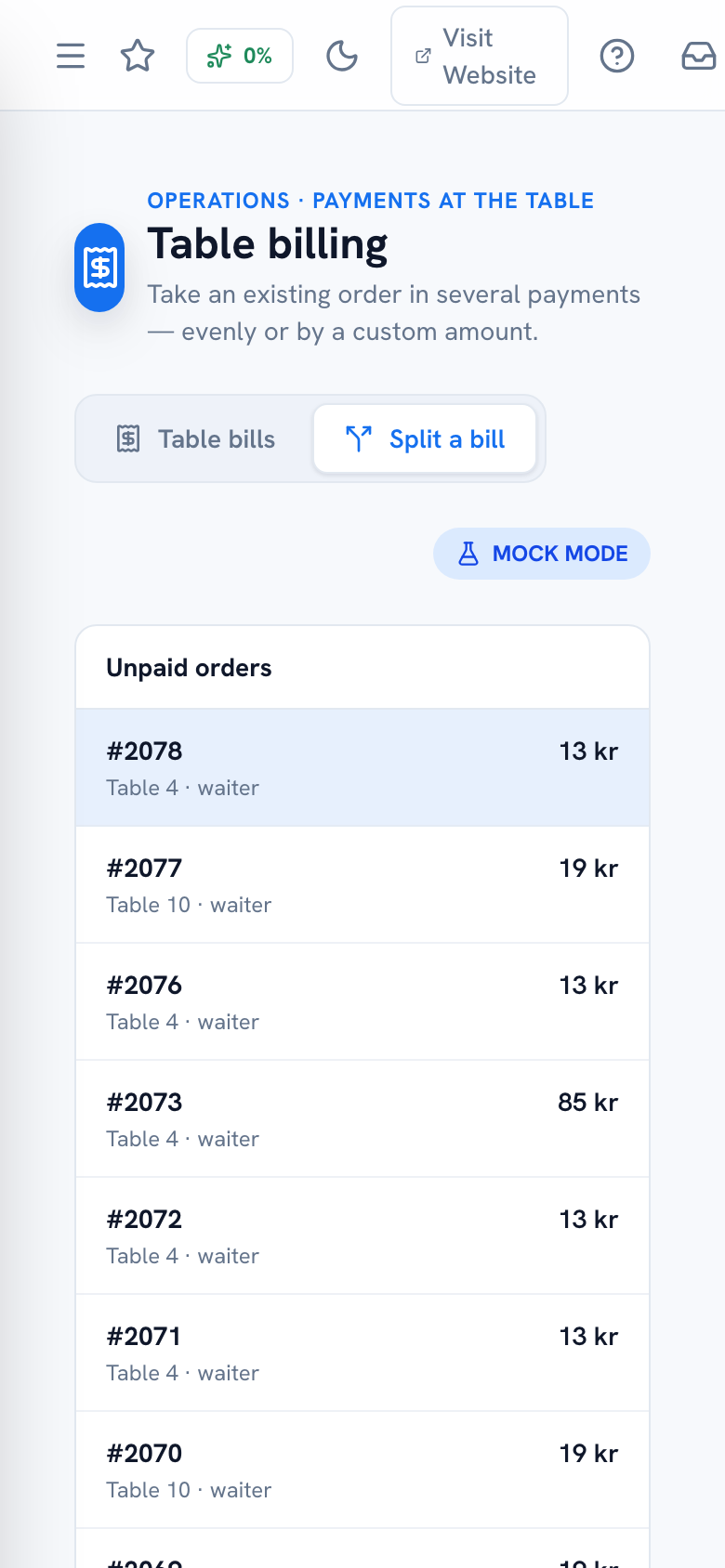 Split a Bill panel with even-split chips and a custom amount field — mobile view