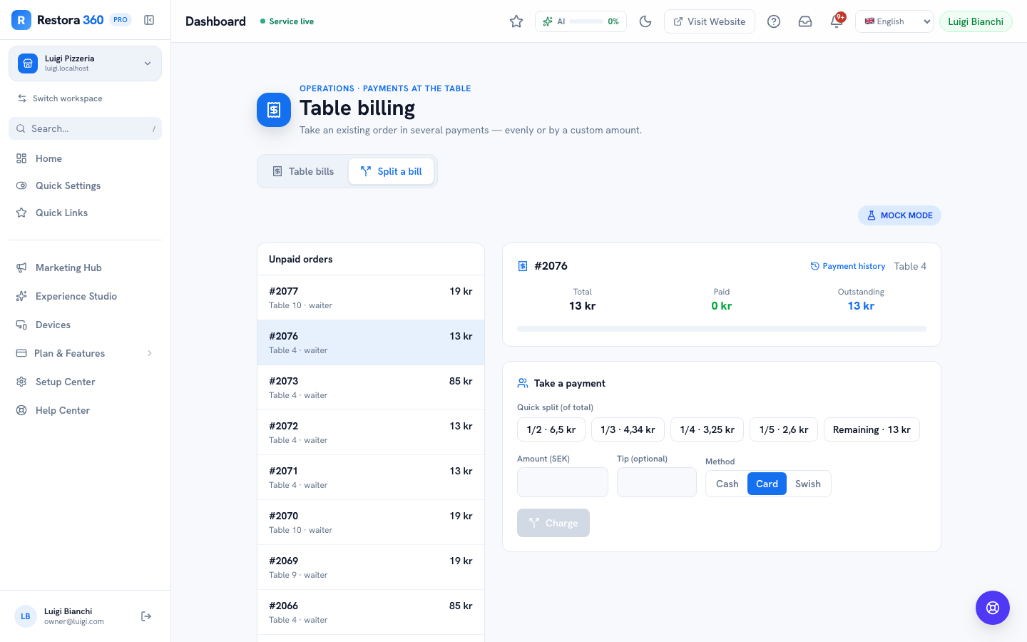 Split a Bill panel with even-split chips and a custom amount field — web view