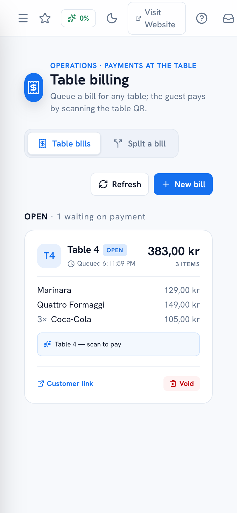 Table Billing page, Table bills tab, with a new bill being built — mobile view