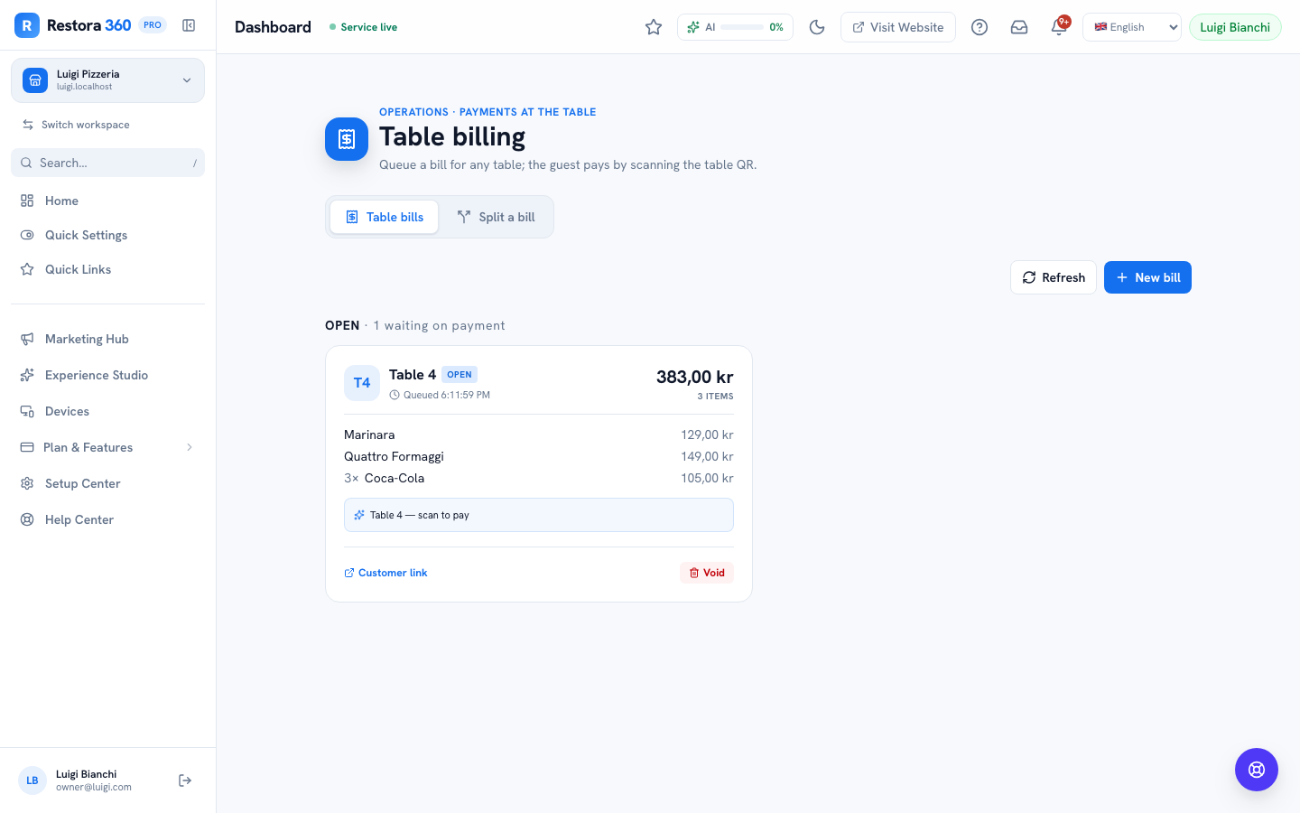 Table Billing page, Table bills tab, with a new bill being built — web view
