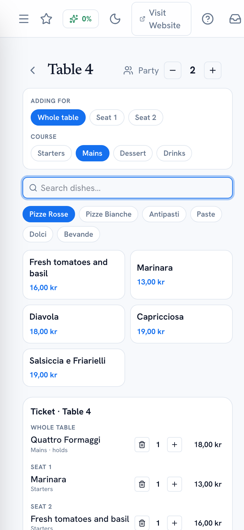 Take Order builder with a cart grouped by seat and course — mobile view