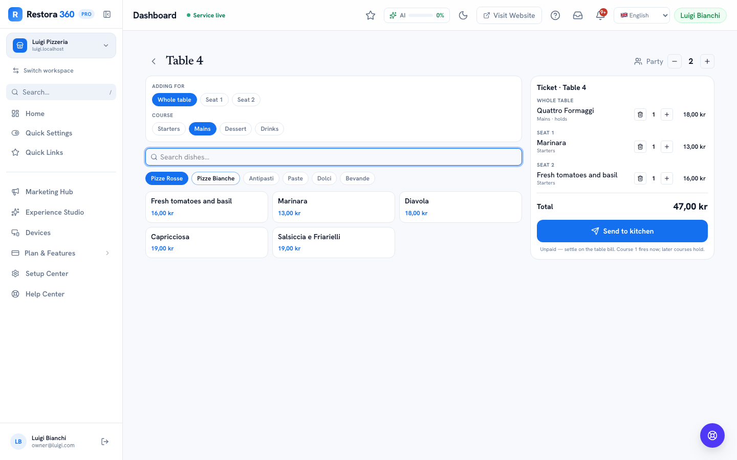 Take Order builder with a cart grouped by seat and course — web view