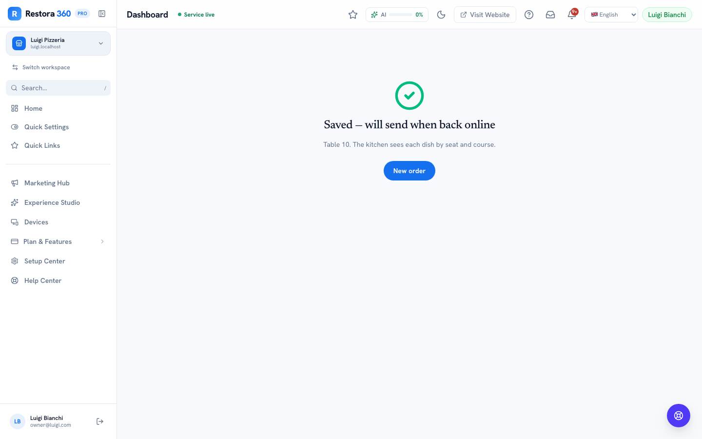 Order confirmation showing "Saved — will send when back online" — web view