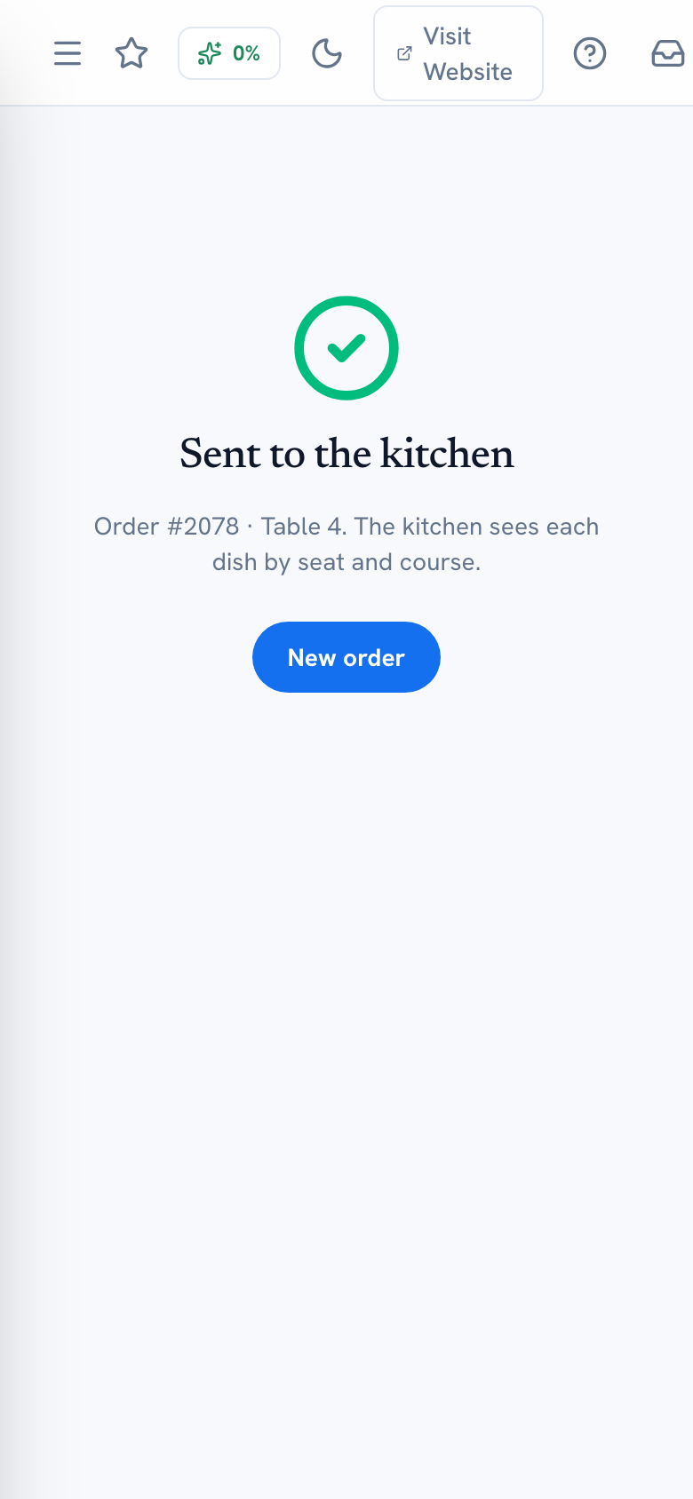 Order confirmation screen showing "Sent to the kitchen" — mobile view