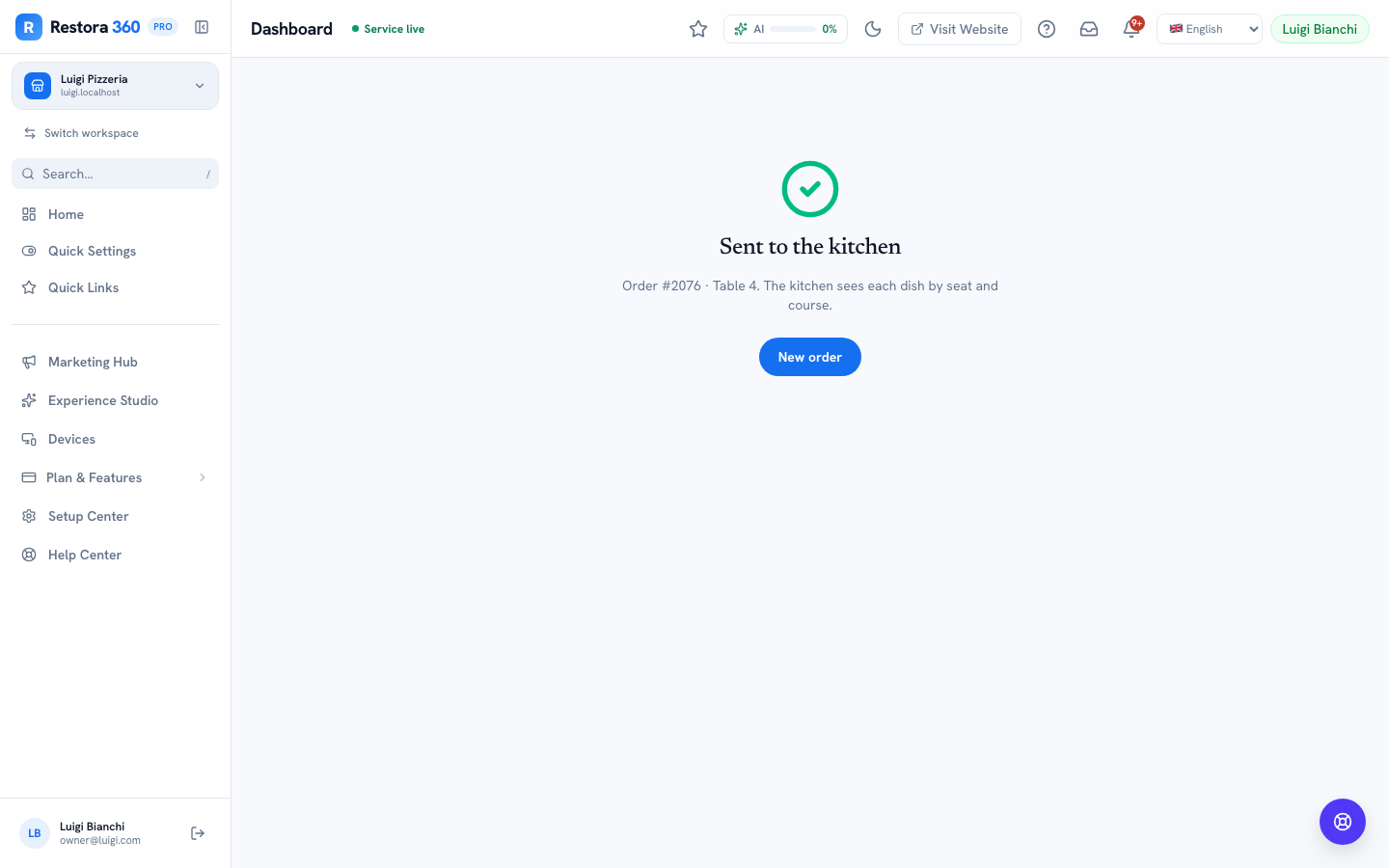 Order confirmation screen showing "Sent to the kitchen" — web view