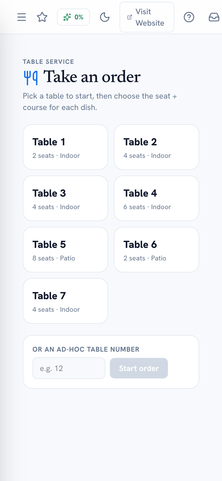 Take Order table picker with a grid of tables and an ad-hoc table number field — mobile view