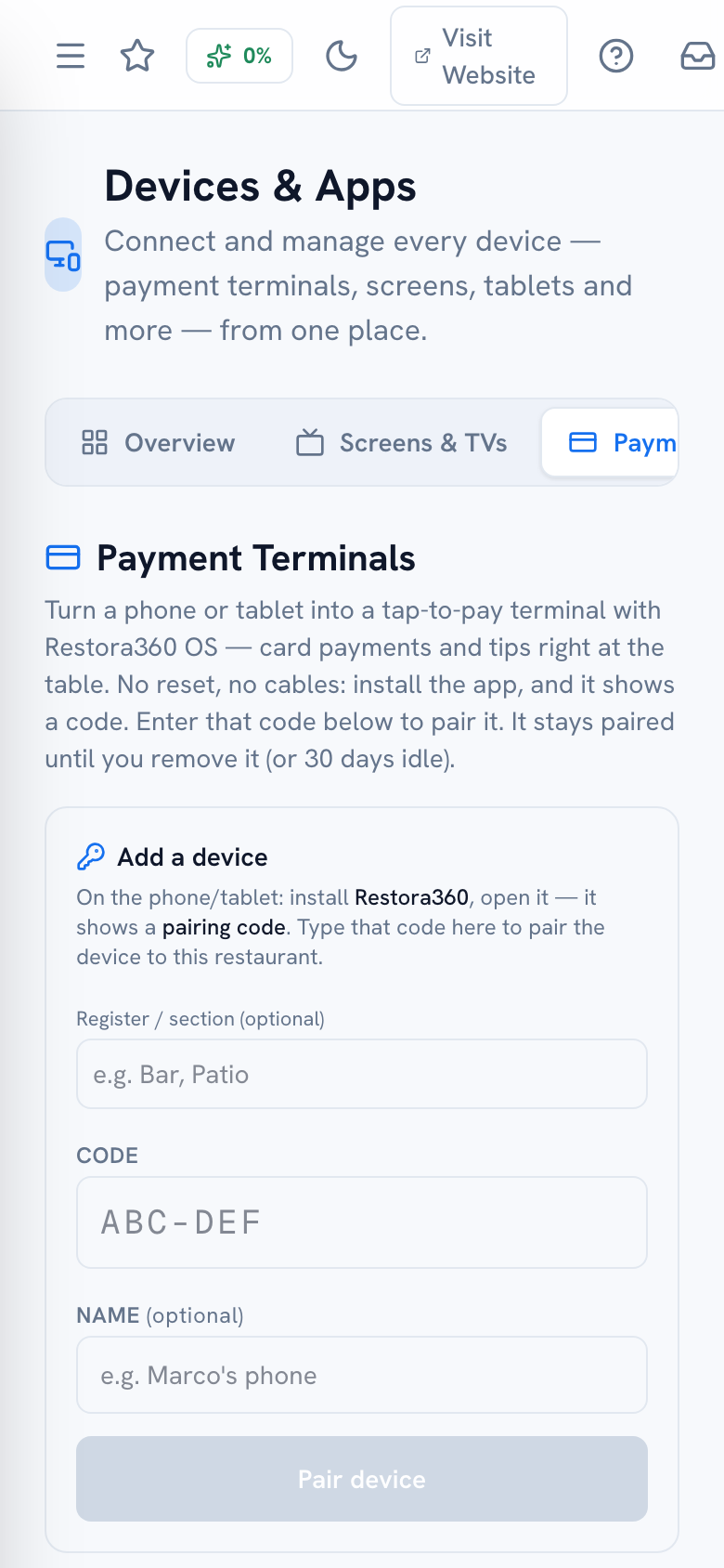 Terminal fleet list showing online status, battery and lane for each paired device — mobile view