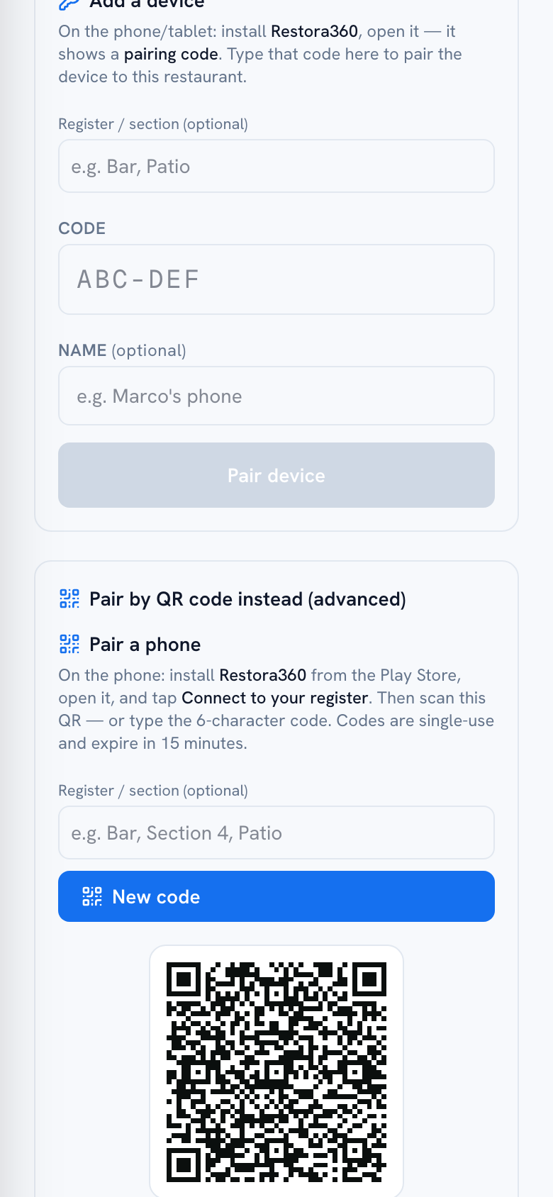 Payment Terminals page with a device pairing card and a generated QR code — mobile view