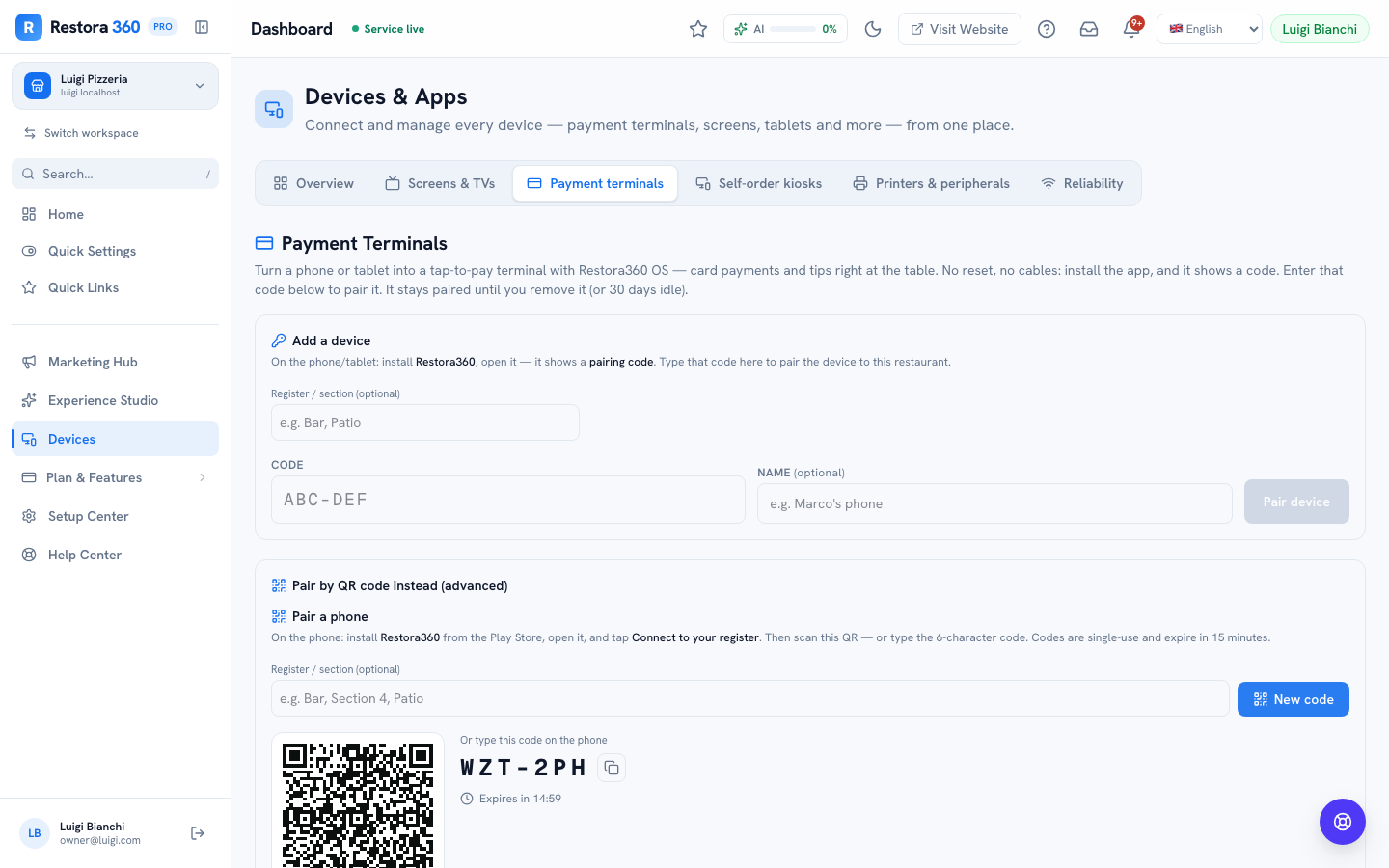 Payment Terminals page with a device pairing card and a generated QR code — web view