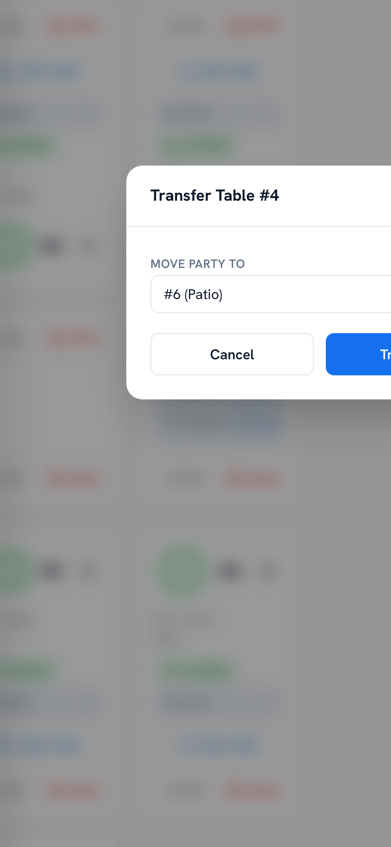 Transfer Table dialog showing available tables to move a party to — mobile view