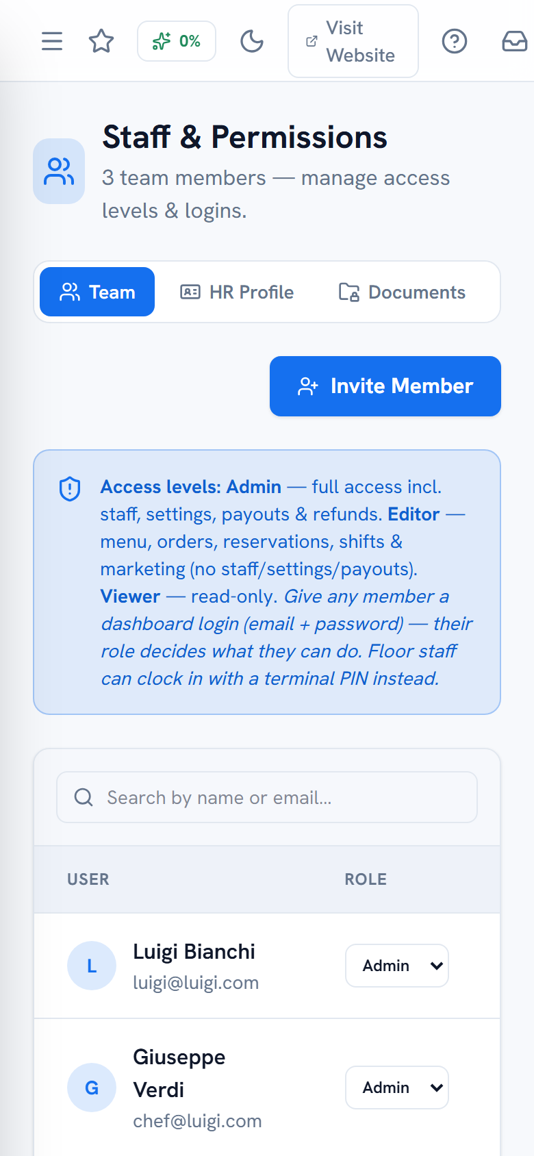 Staff & Permissions page showing the team list with roles — mobile view