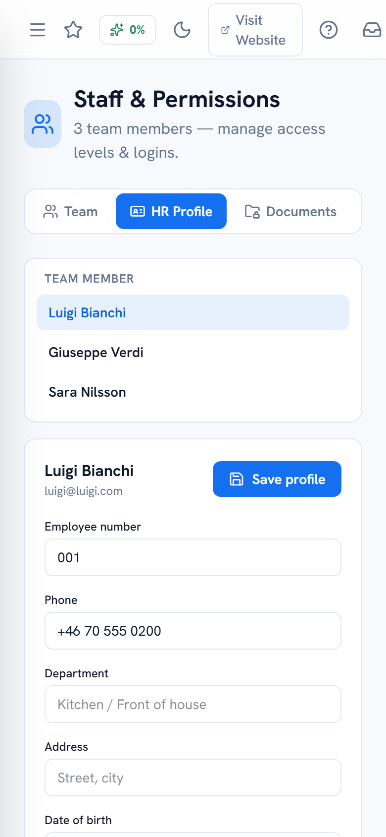 HR Profile tab with masked personnummer, rate and employment fields — mobile view
