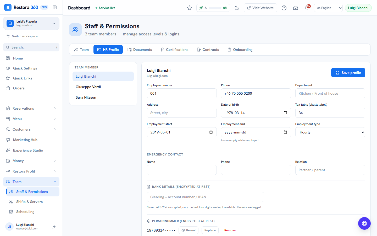 HR Profile tab with masked personnummer, rate and employment fields — web view