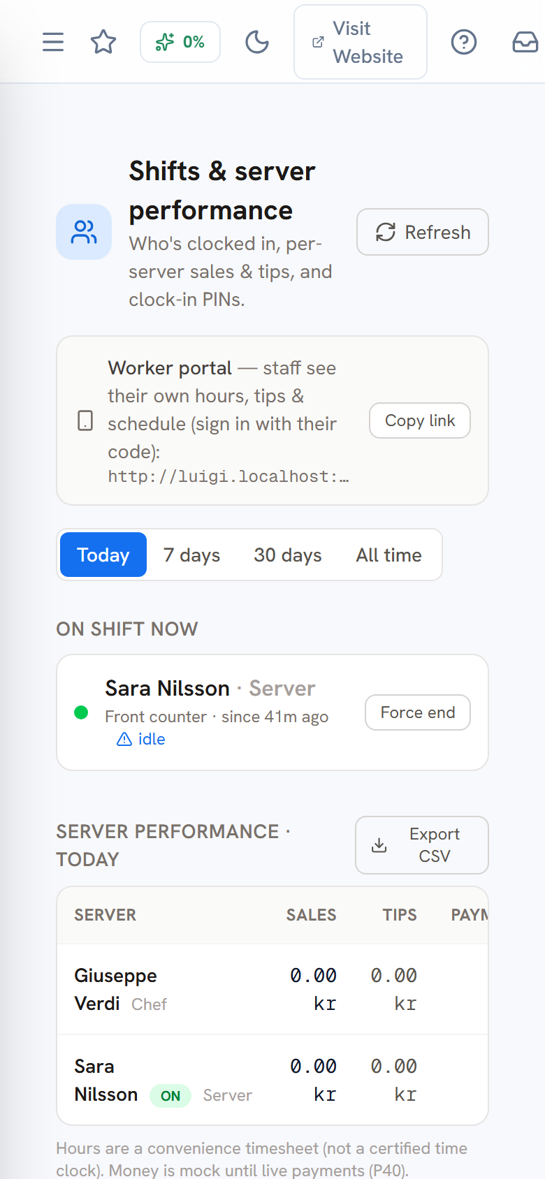 Clock-in PIN management and the worker portal share link — mobile view