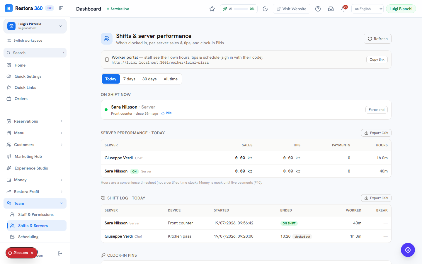 Clock-in PIN management and the worker portal share link — web view
