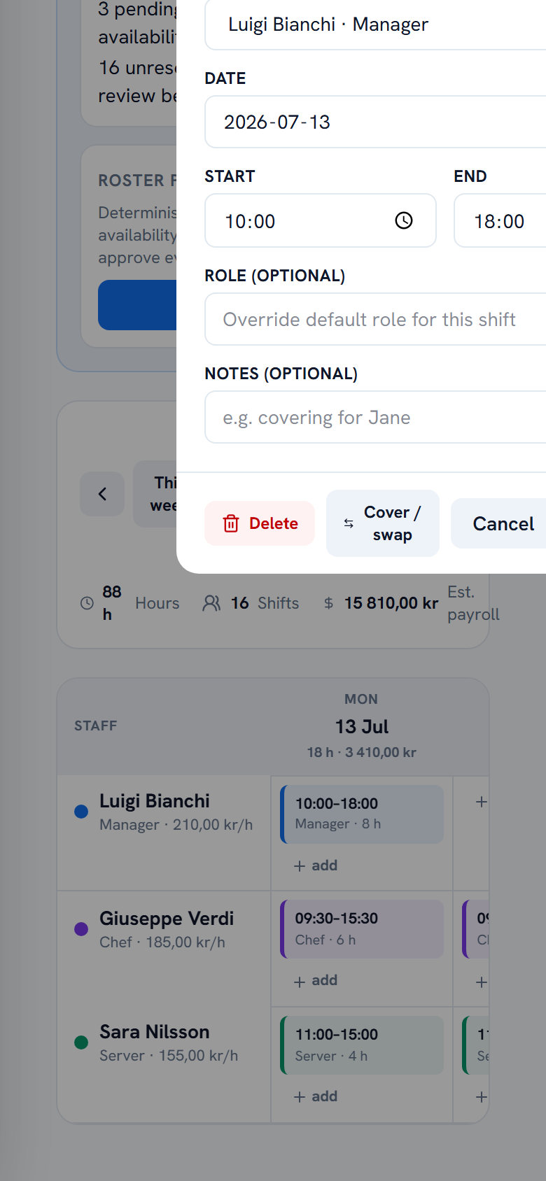 Shift editor modal with times, role override and notes — mobile view