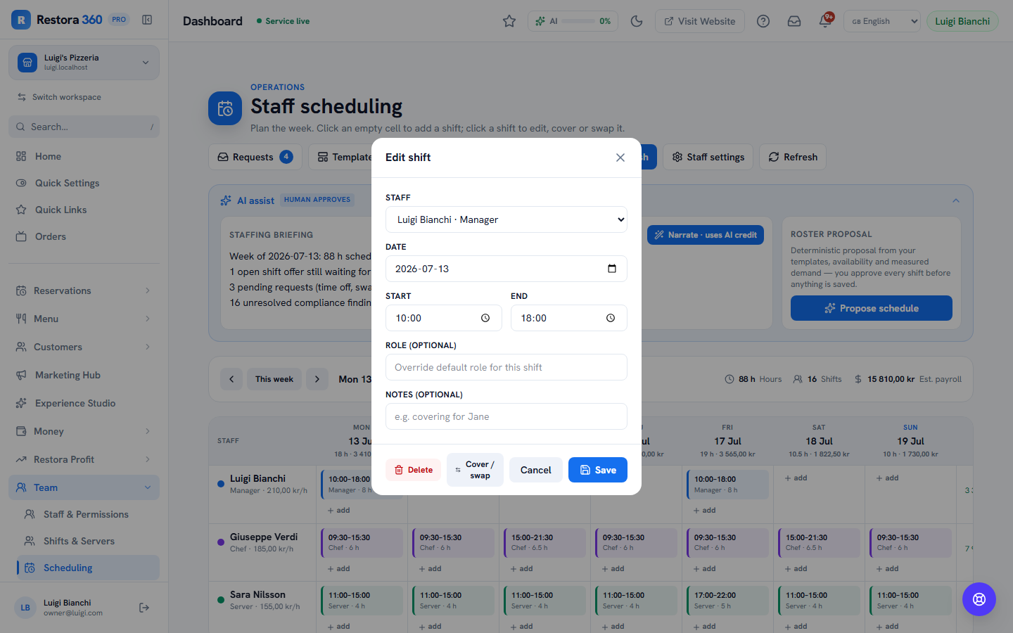 Shift editor modal with times, role override and notes — web view