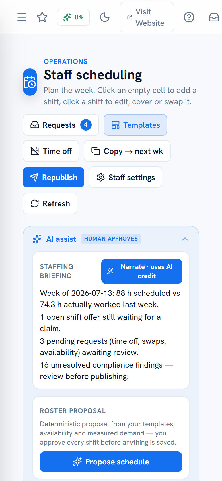 Shift templates panel with weekday sets and defaults — mobile view
