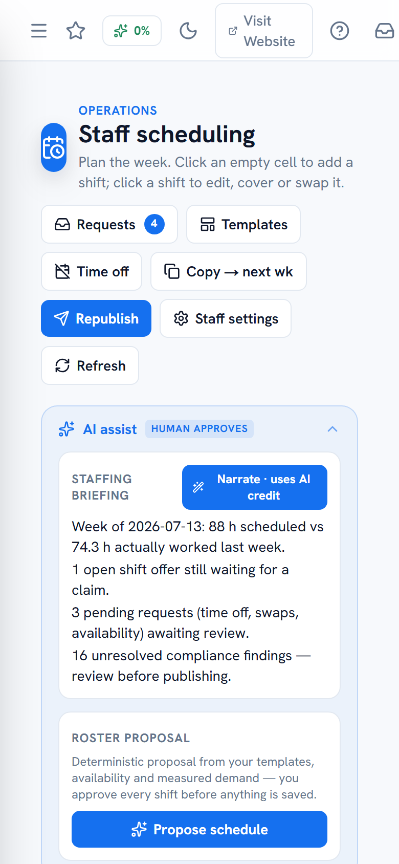 Scheduling header showing the published week state — mobile view