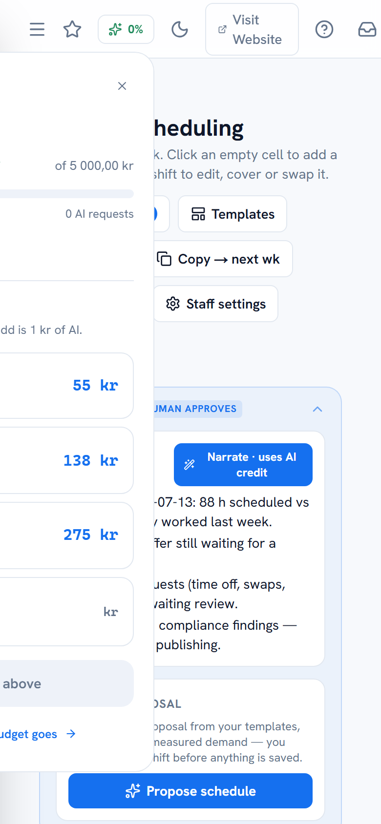 Requests panel with pending time off, swaps and availability — mobile view