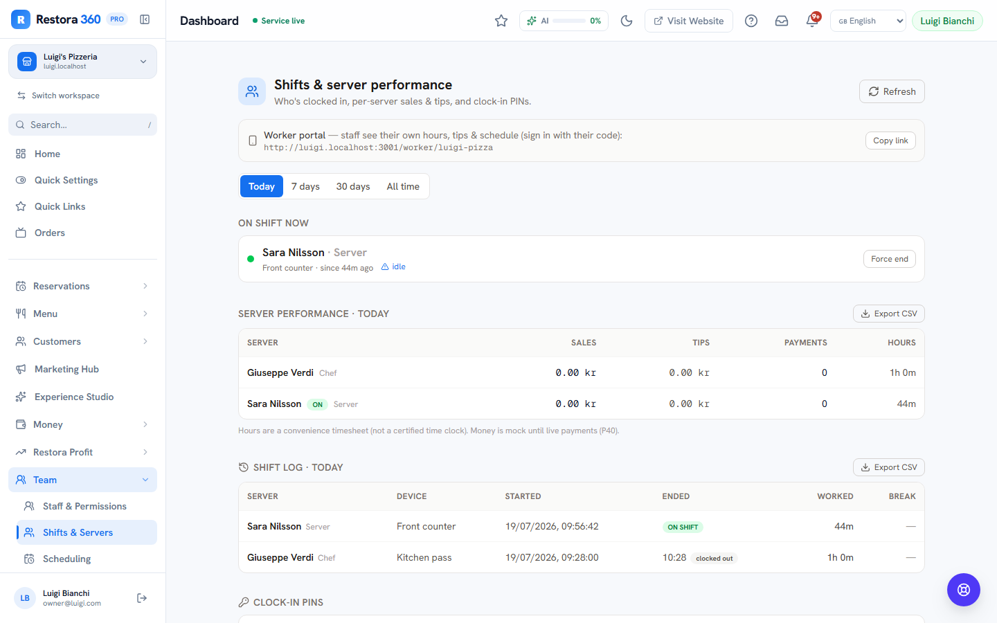 Live shifts board with one active shift and the performance table — web view