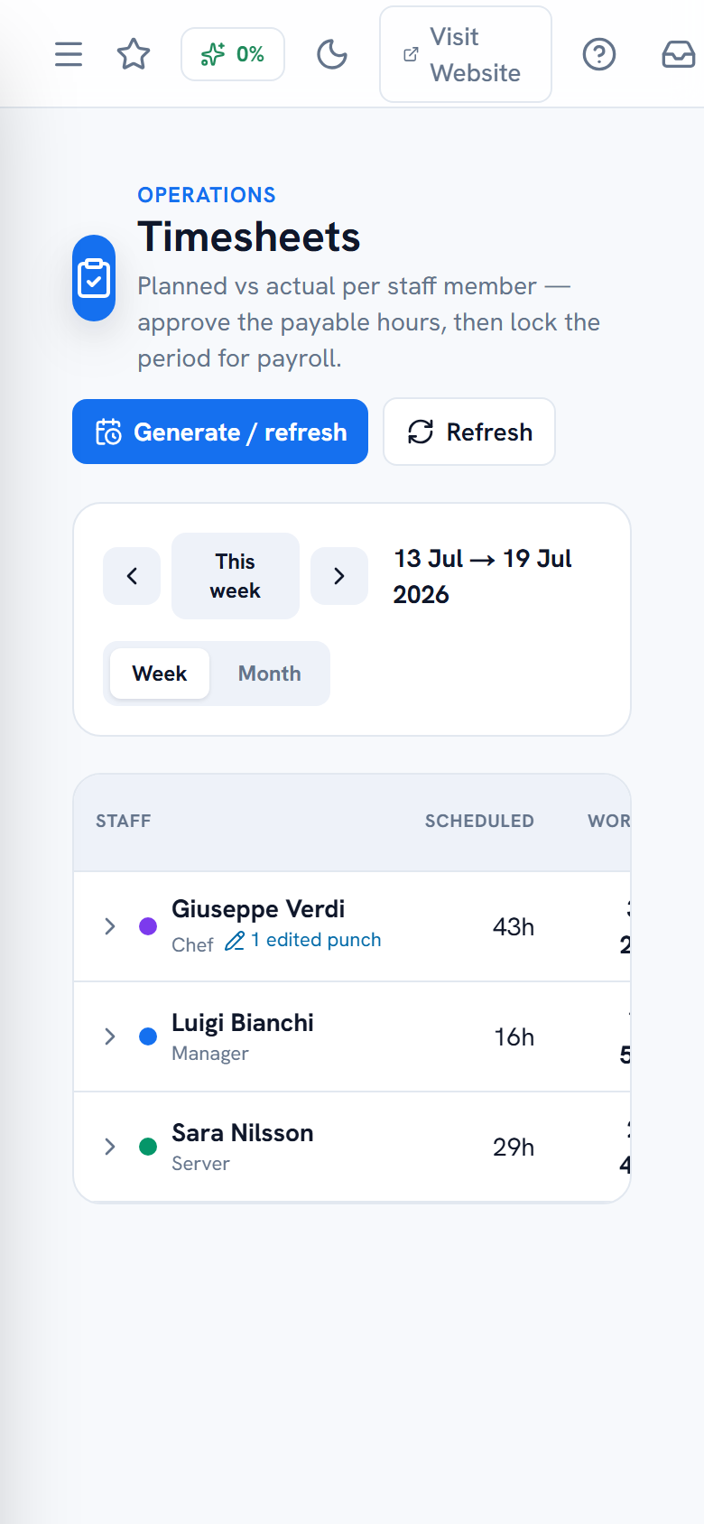 Timesheets page comparing scheduled and worked hours with variance — mobile view