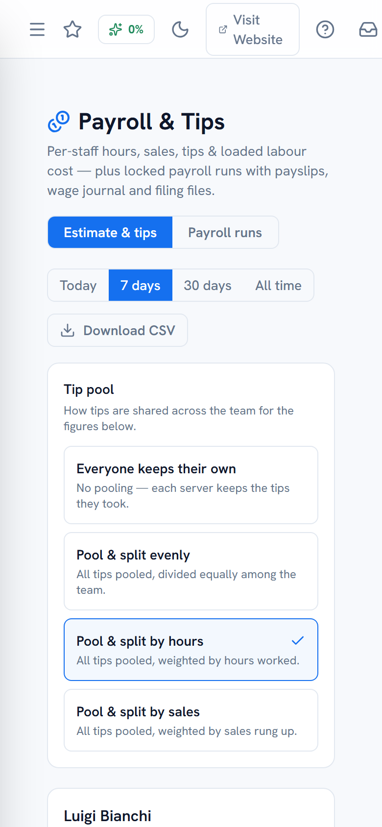 Payroll estimate with per-person labour cost and the tip pool policy — mobile view