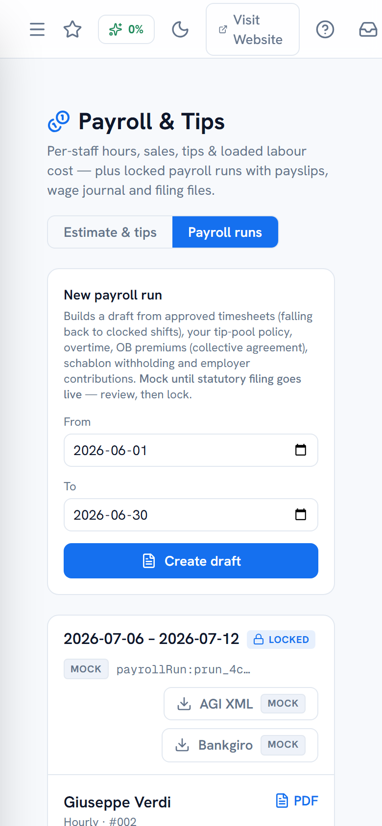 A locked payroll run with per-employee lines and AGI/Bankgiro downloads — mobile view