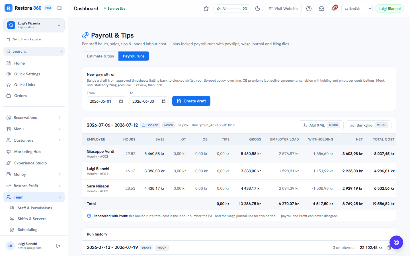 A locked payroll run with per-employee lines and AGI/Bankgiro downloads — web view