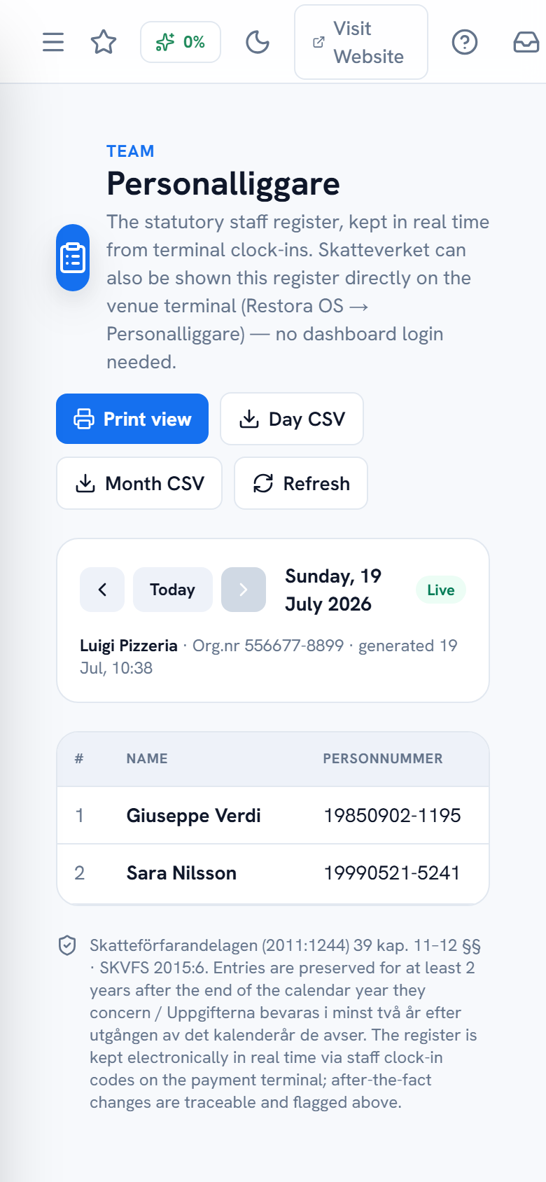 The staff register for one day with times, devices and flags — mobile view