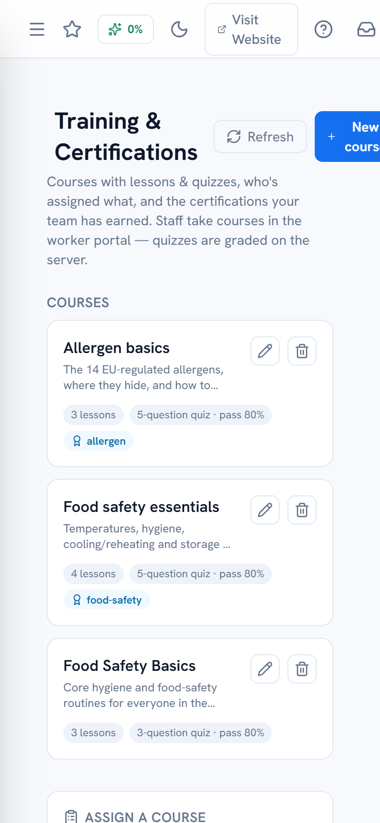 Training courses and the staff assignment matrix — mobile view