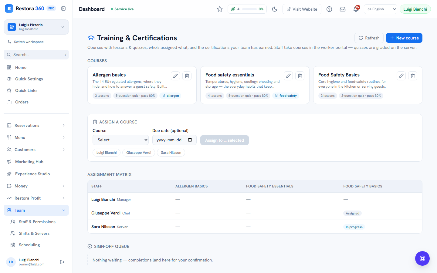 Training courses and the staff assignment matrix — web view
